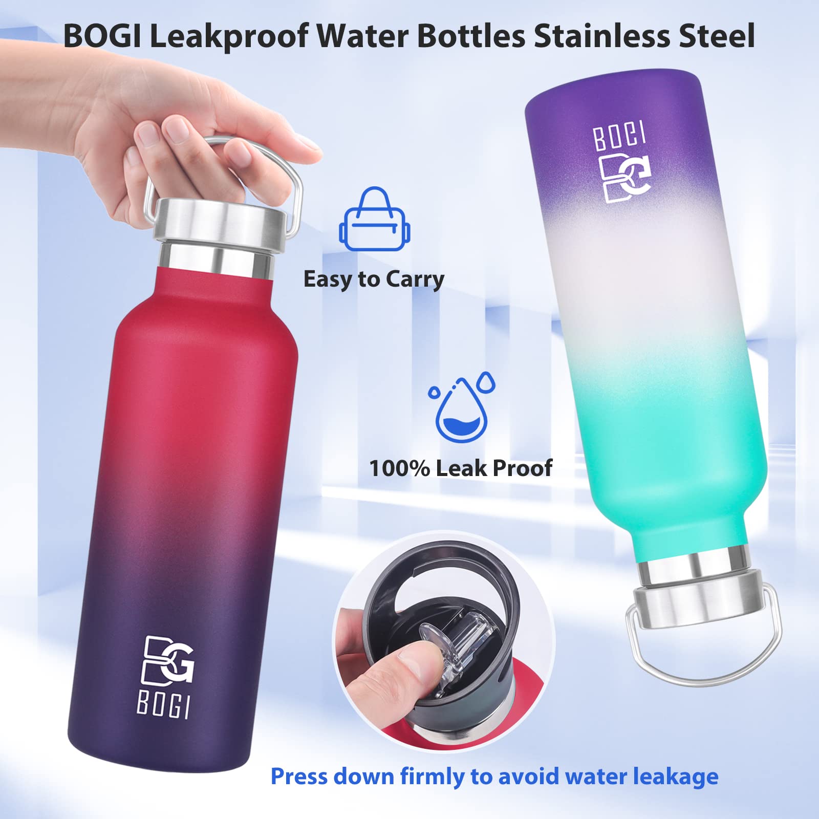 BOGI Stainless Steel Water Bottle  25oz Vacuum Insulated Water Bottle with Straw Lid  BPA Free Leakproof Wide Mouth Water Bottle-Keep Liquids Hot or Cold for Outdoor Sports Camping Biking (DRed)